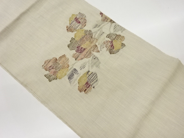 手織り紬抽象花葉模様織出し名古屋帯